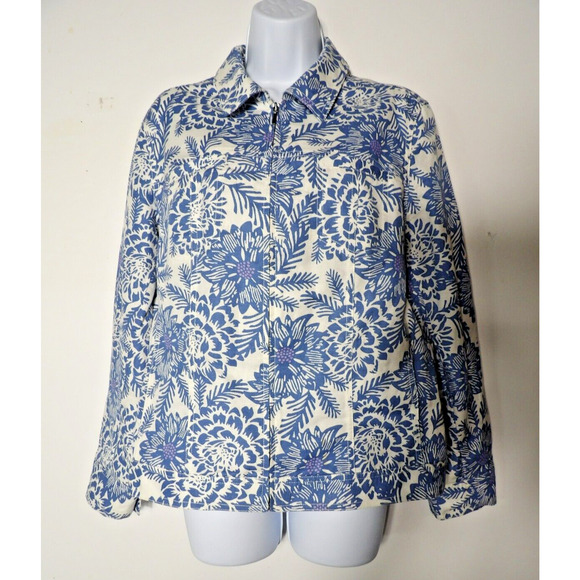 Croft and Barrow Medium Linen Floral Tropical Blue White Jacket Zip Vacay - Picture 1 of 10
